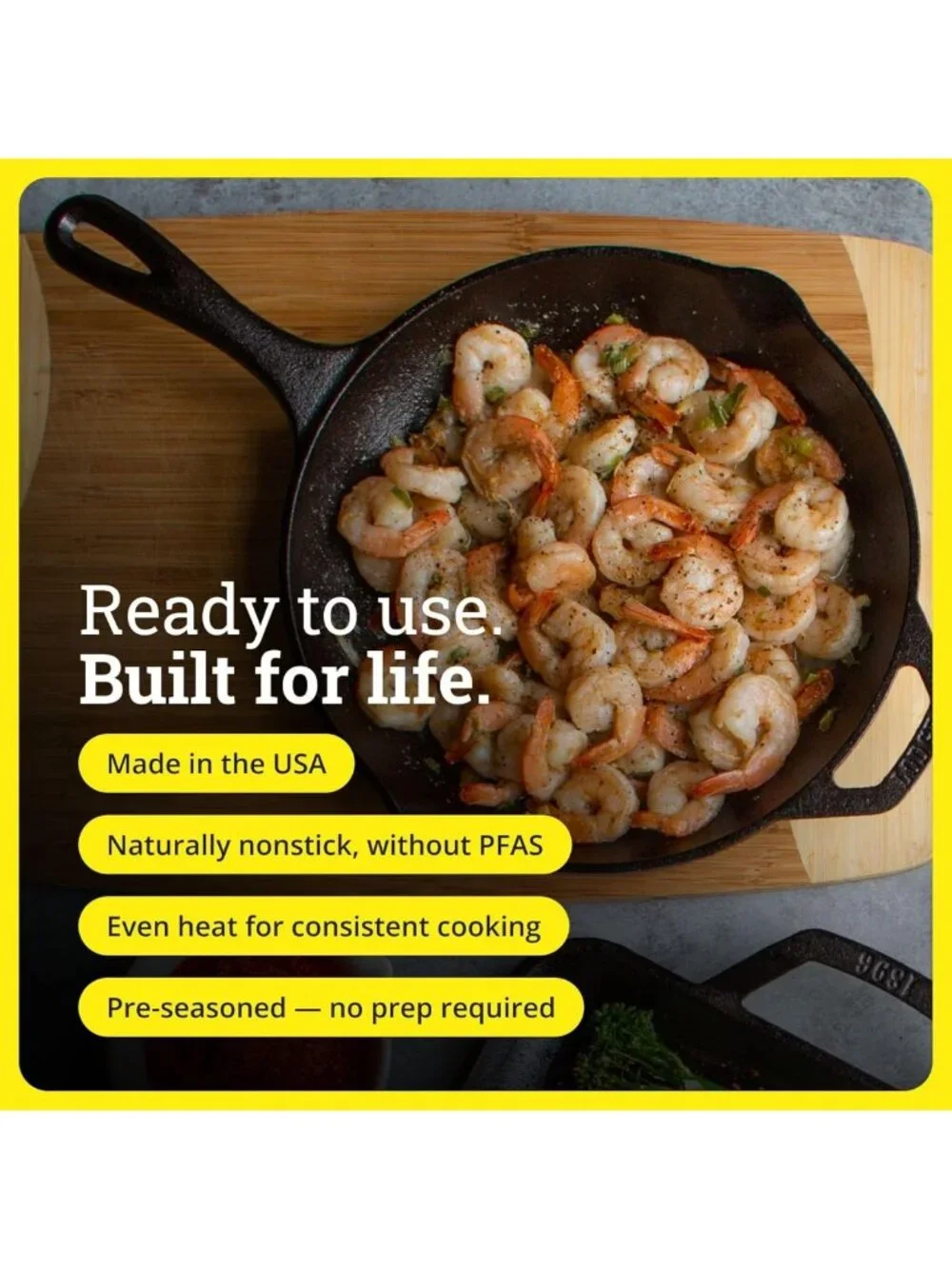 10.25” Seasoned Cast Iron Skillet - Non-Toxic, PFAS-Free, Naturally Non-Stick